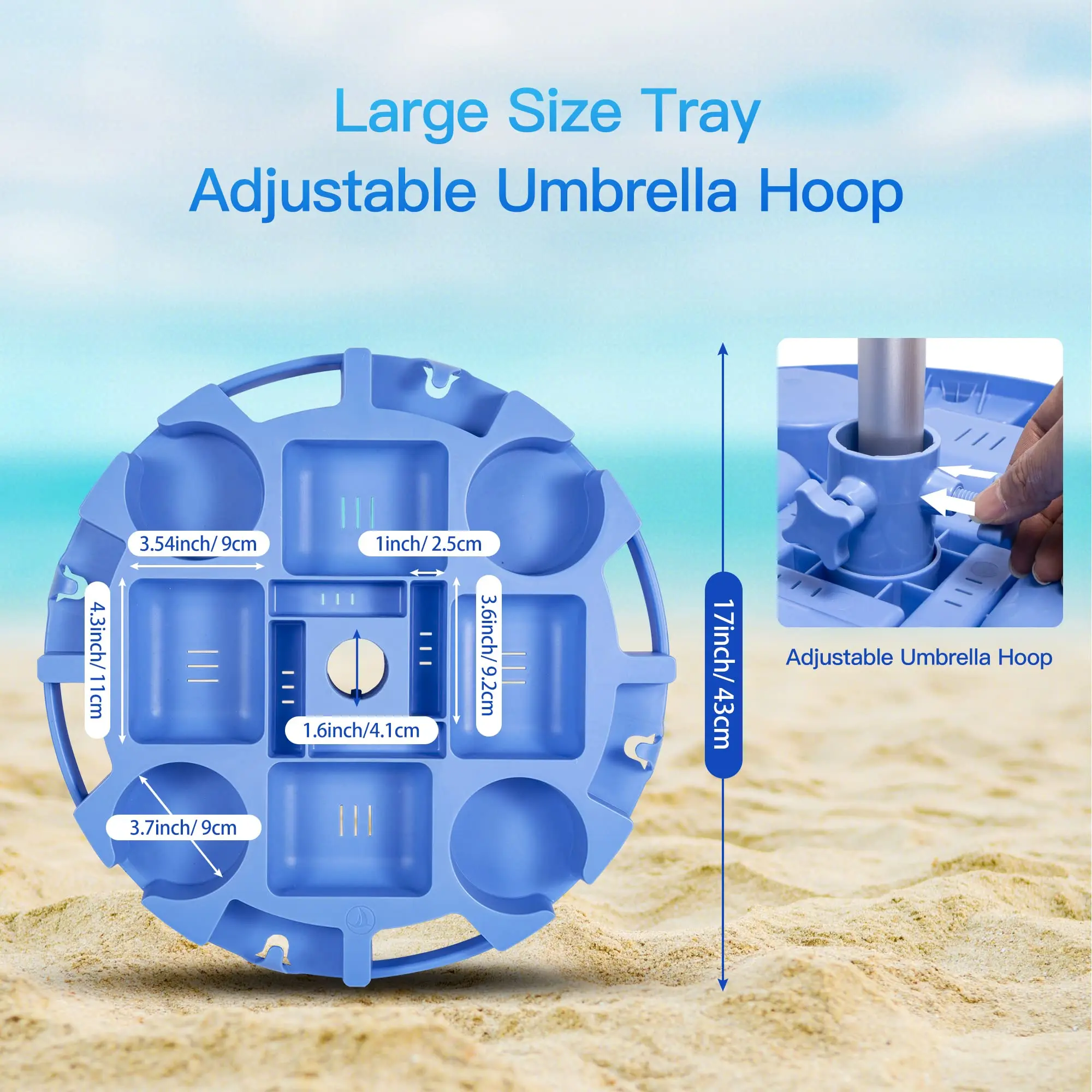 17 Inch Beach Umbrella Table Tray Reusable Umbrella Table Cup Holders Beach Snack Compartments for Beach, Patio, Garden, Pool