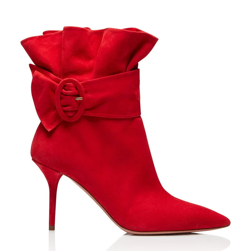 

Bright Red White Suede Ruffles Belt Buckled Ankle Boots Thin High Heels Pointed Toe Falbala Opening Women's Short Boots Shoes