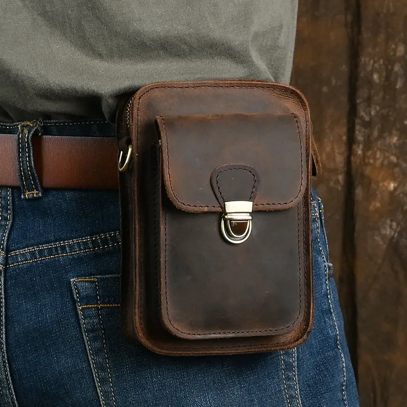 Vintage Leather Shoulder Bag for Men Casual Sporty Crossbody Phone Bag Top Layer Cowhide Belt Bag Street Style Square Shape