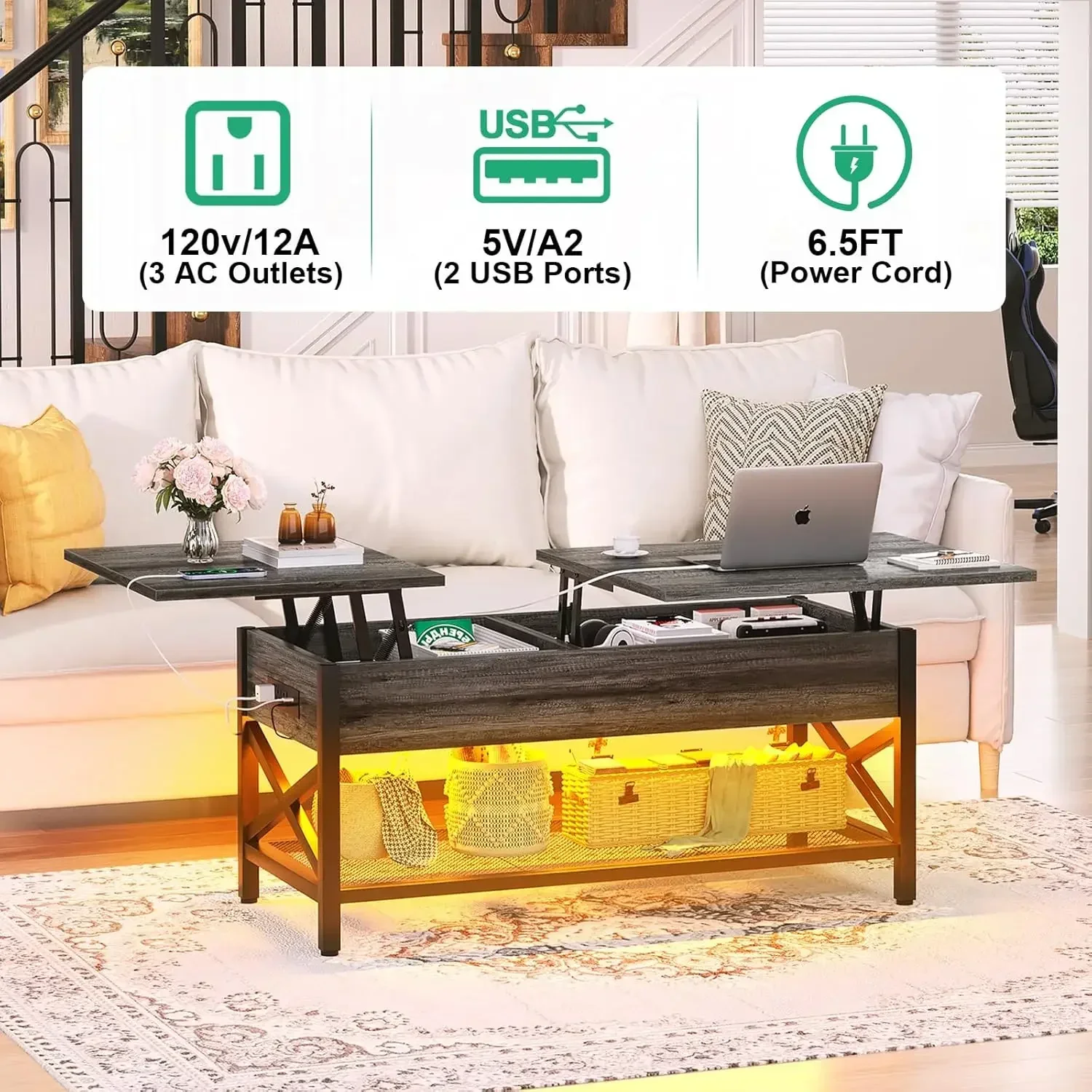 Coffee Table,Lift Top Coffee Table with Storage,LED Light&Power Outlet and Hidden Compartment,Retro Center Table for Living Room