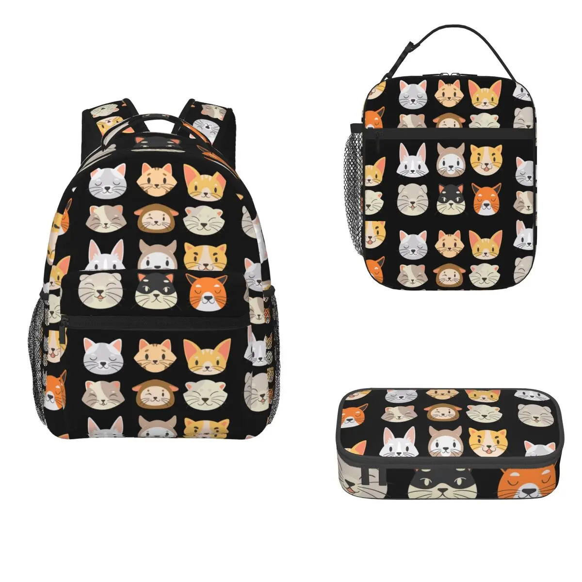 

Happy Kitten Backpacks Boys Girls Bookbag Children School Bags Cartoon Kids Rucksack Lunch Bag Pen Bag Three-Piece Set