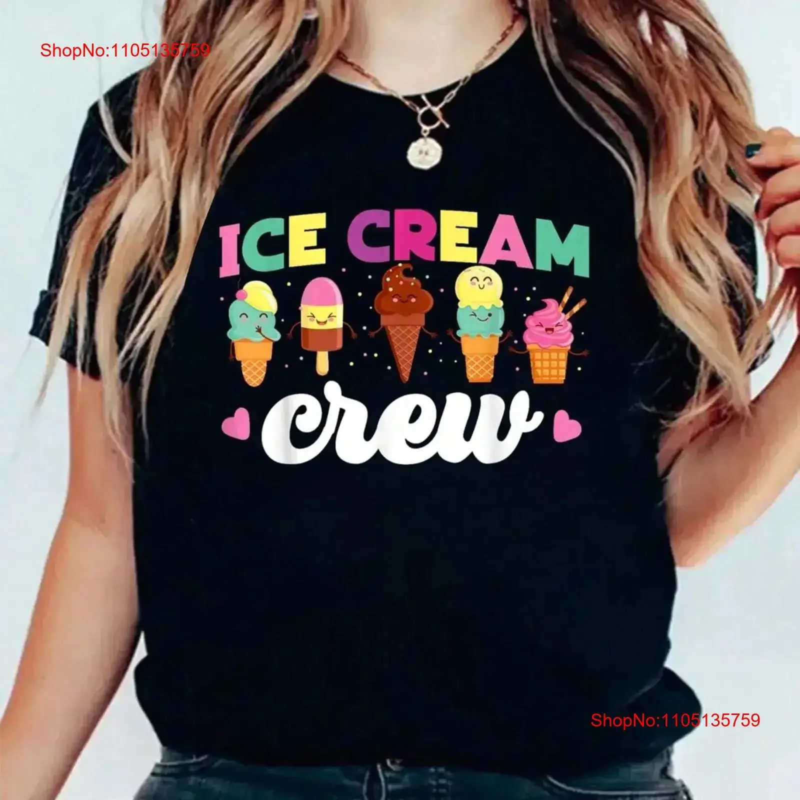 تي شيرت نسائي على شكل طاقم الآيس كريم برقبة صيفي غير رسمي للسيدات عتيق مغسول أنيق ملابس علوية للارتداء اليومي أوم
