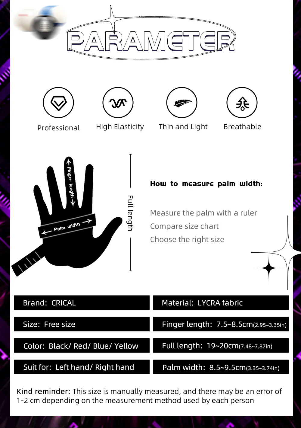 CRICAL 3-Finger-Billardhandschuh, bequeme Lycra-Snooker-Queue-Handschuhe, rechte und linke Hand, Billard-Trainingshandschuhe, Zubehör – Detail 12