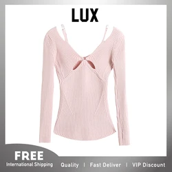 Lux Cotton Blouse Desire Shoulder Strap Sweater Women's Retro Slim Stretch Off-Shoulder Small Shirt Hollow Out Beauty