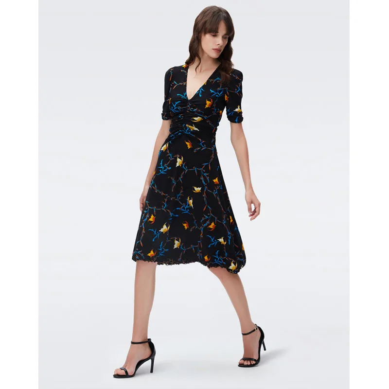 Stylish Midnight Butterfly Print Stretchy Mesh V-Neck Double-Sided Slimming Dress for Spring and Summer