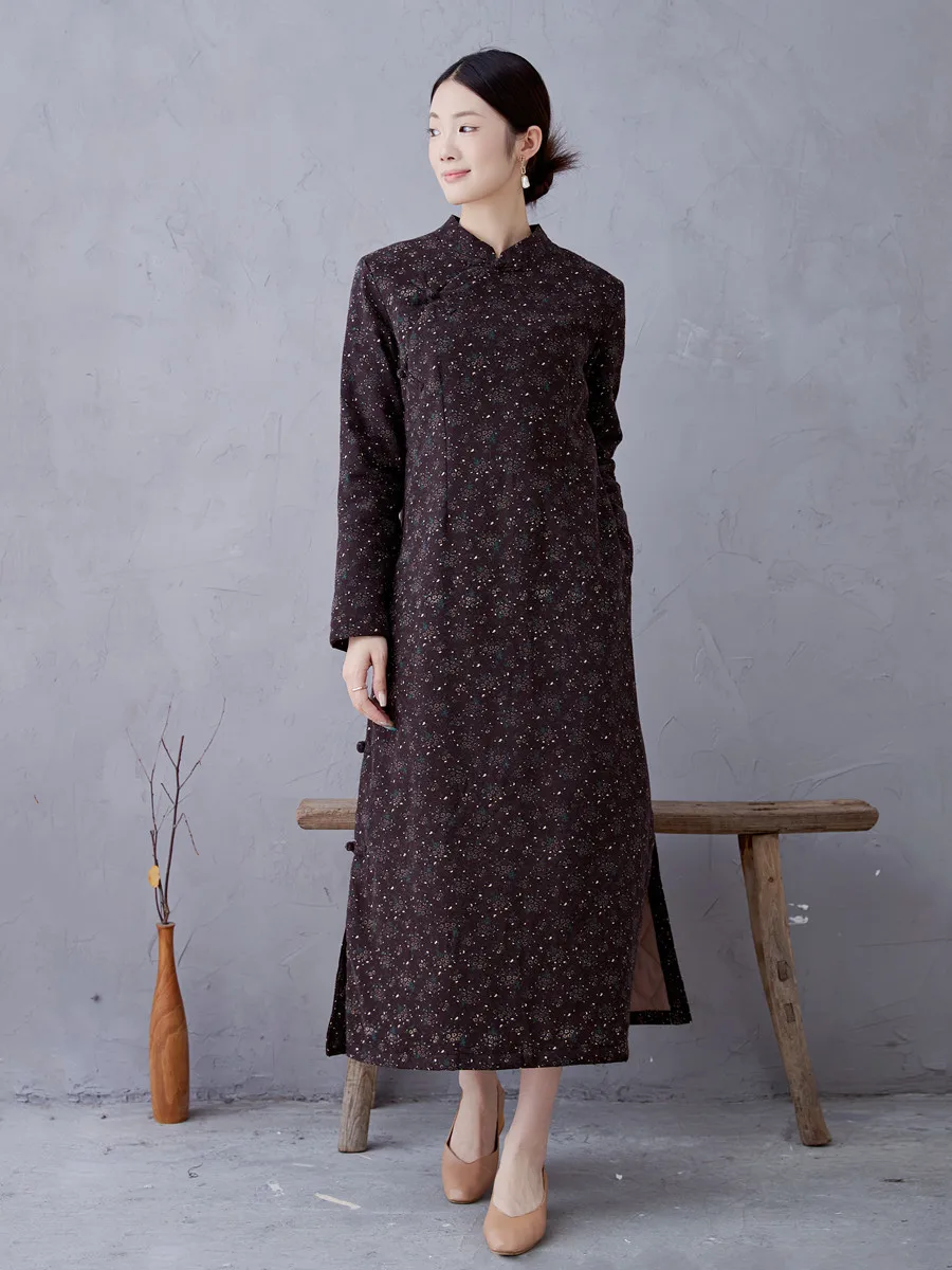 

Ele Pure Cotton Long Qipao Coat Full Button Design Winter Warm Loose Fit Large Size Bla Coffee Floral Print Women's Fas...