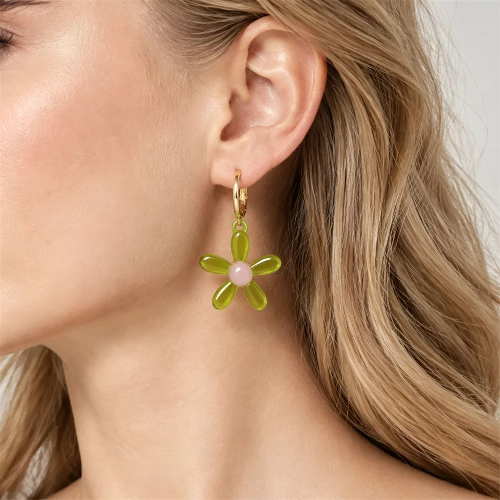 Lovely Green Resin Flower Charm Gold Hardware Plating Hoop Earrings For Women Girl Casual Cute Sweet Romantic Fashion Jewelry
