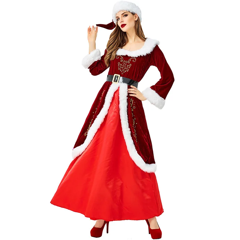 Long Dresses Hat Belt 3pcs Set Woman Santa Clause Cosplay Set Christmas Costumes Wine Red Dress Queen Cos Outfits