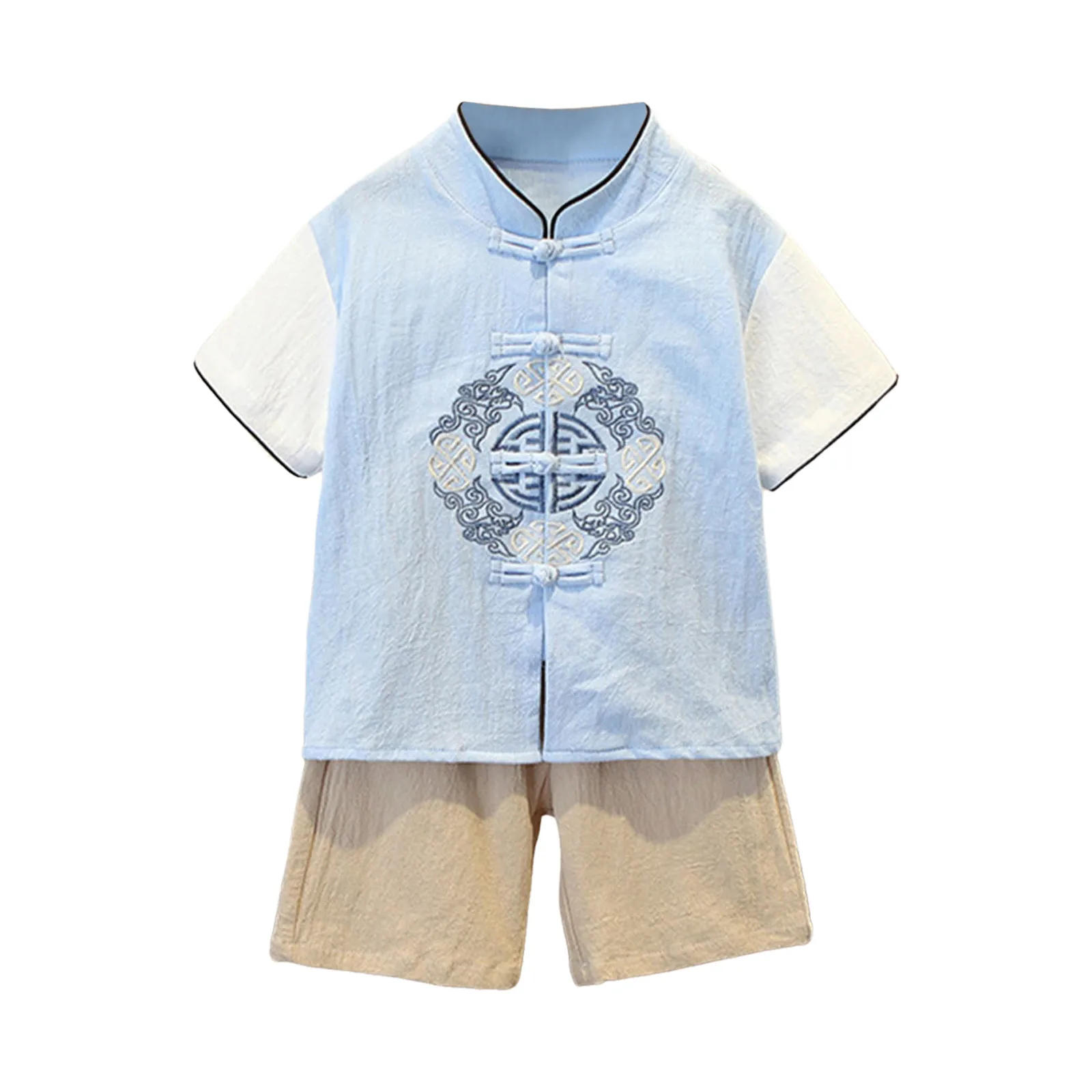 Children Tang Suit Summer Clothes Sets Short-Sleeve Boys Comfortable Kid Hanfu Embroidery Tops Shorts Retro Chinese Clothes 0-7Y