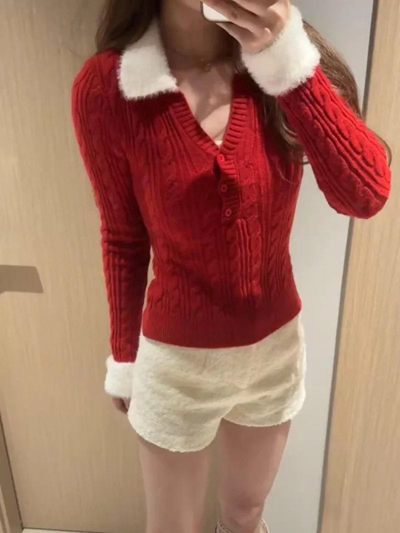 

Красный вязаный свитер женский приталенный с воротником из искусственного меха, теплый повседневный, с длинными рукавами, трикотаж, весна 2026
