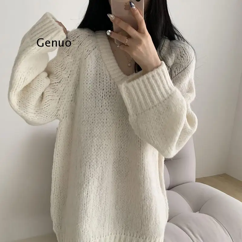 

Women's Clothing Grey Vintage Knitting Sweater V Neck Long Sleeve Simplicity Casual Korean Fashion Baggy Tops Ladies Autumn