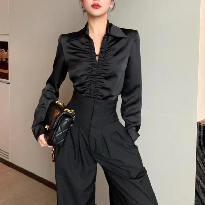 Vintage Black Satin Fabric Shirt Women Spring New Long Sleeve Folds Shirring V-neck Solid Color Texture Chic Elegant Tops 2024