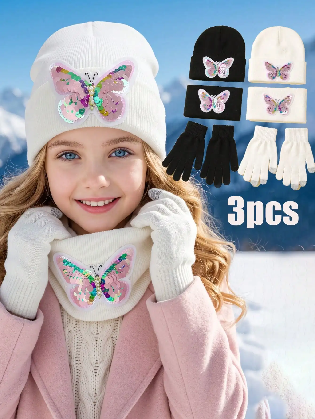 3pcs 3-15Y Cute Kids Girls Knit Hat Scarf Gloves Set, Embroidered Sequin Bow Solid 3-Piece Kit