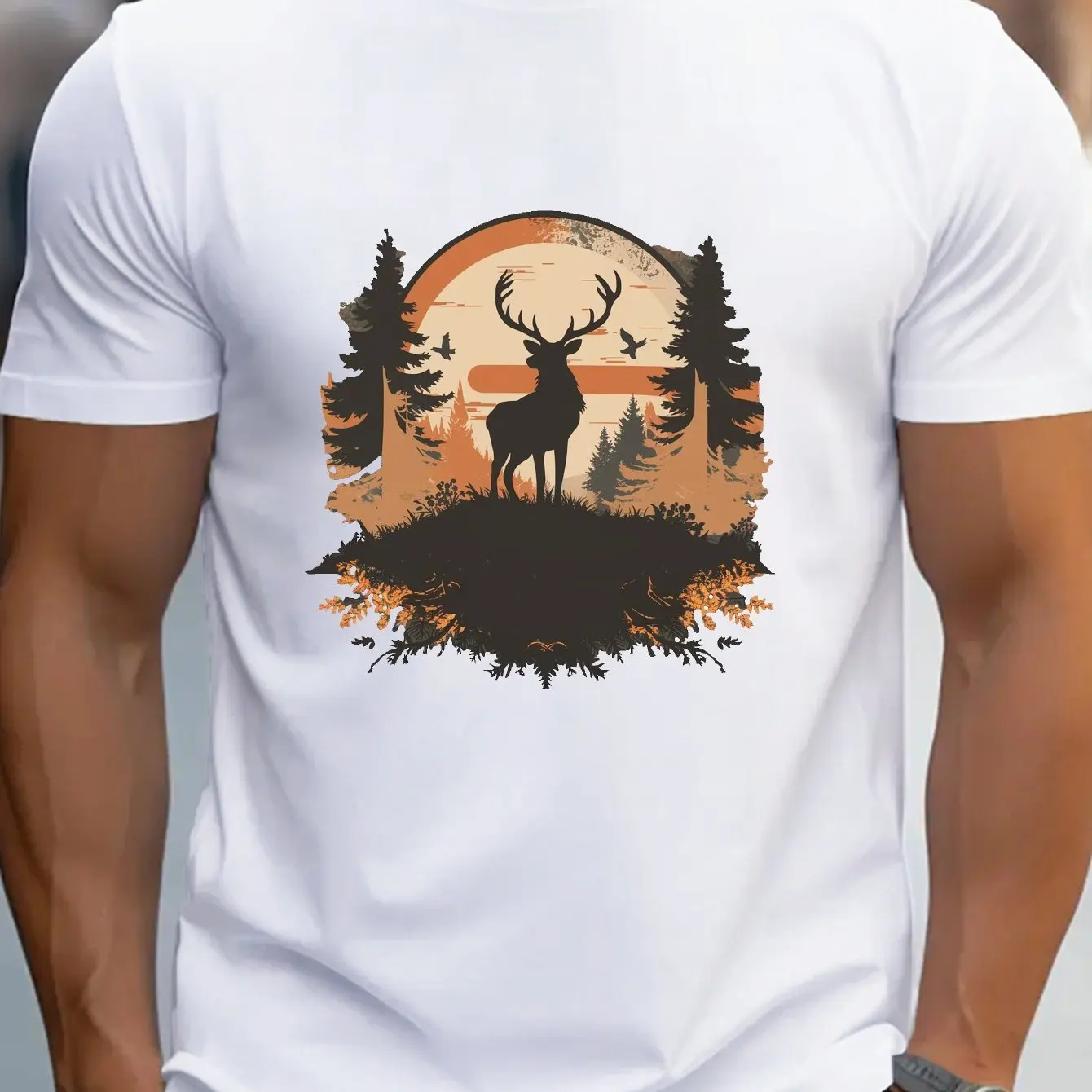 Men Casual Short Sleeve T-Shirt Majestic Deer Silhouette Forest Print Royal Blue Sunset Pine Tree Design Men Clothing