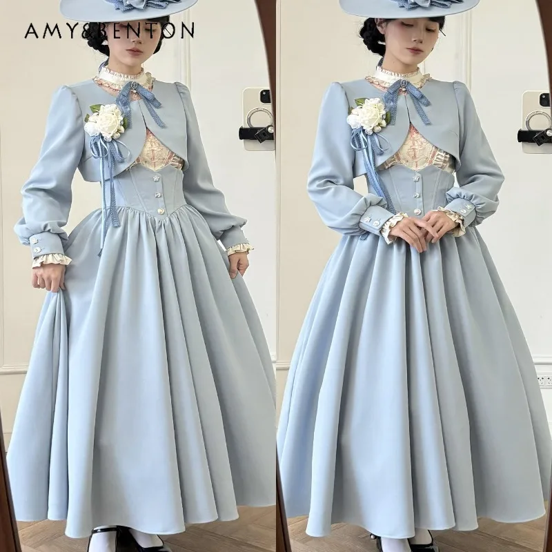 

Elegant Lolita Pastoral Style Sets Retro Embroidered Long Sleeve Shirt High Waist Fishbone Skirt Short Jacket Three-Piece Set