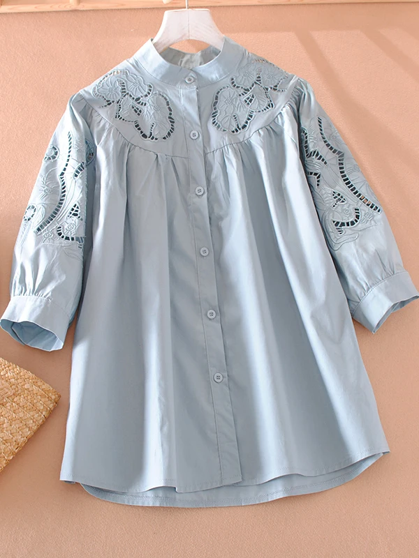 

Elegant Embroidered Casual Loose Shirt Stand Collar Bell Sleeve Women's Premium Quality Top Commute Style Artistic Loose Fit