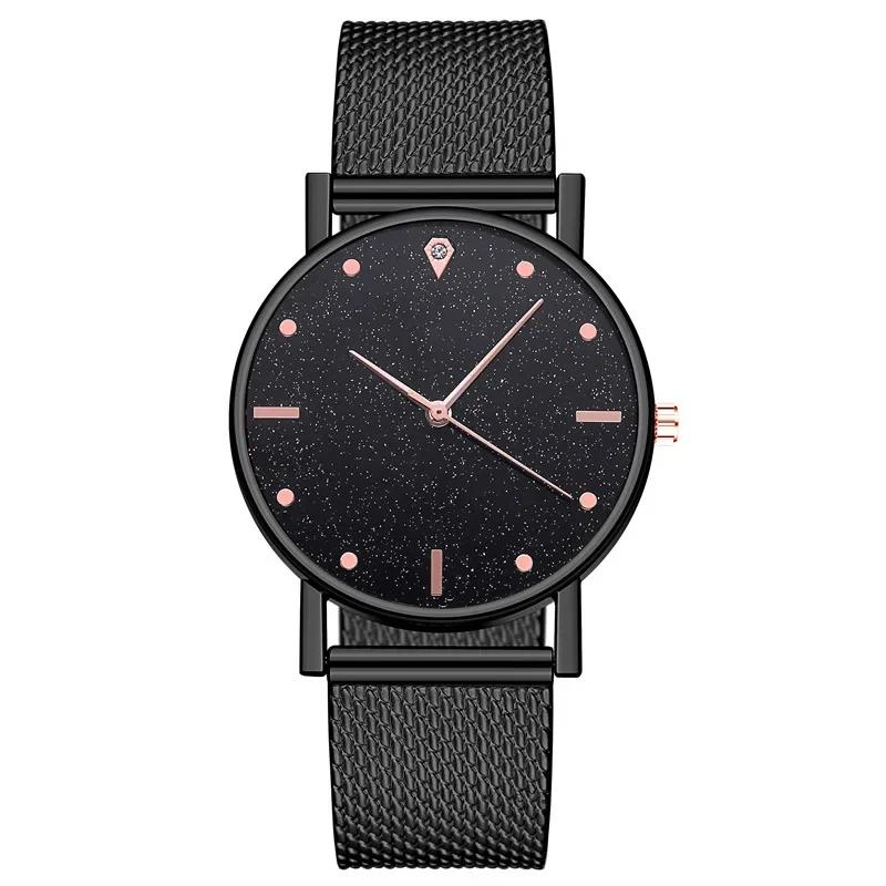 Relojes negros de lujo para mujer, correa de malla de cielo estrellado, reloj de pulsera de cuarzo a la moda para mujer, reloj para mujer, venta Simple