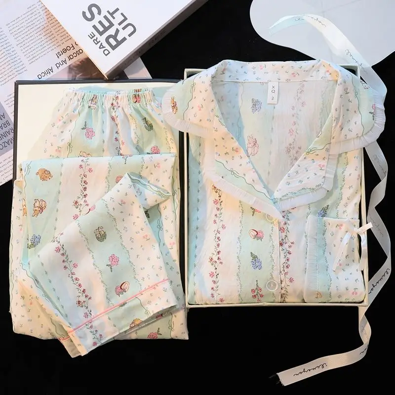 New 2/pce Set Women Spring Autumn Cute Pink Wrinkled Cloth Pajama Woman Casual Fashion Loungewear Lady Long Sleeves Pants Pajama