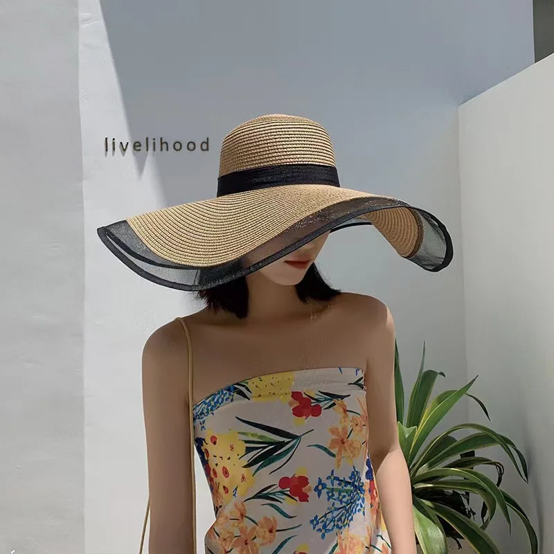1pc Sun Hat Big Eaves Waves Beach Cap for Women,Summer Straw Hats Big Brim Sun Visors UV Foldable Bucket Panama Caps for Tralve