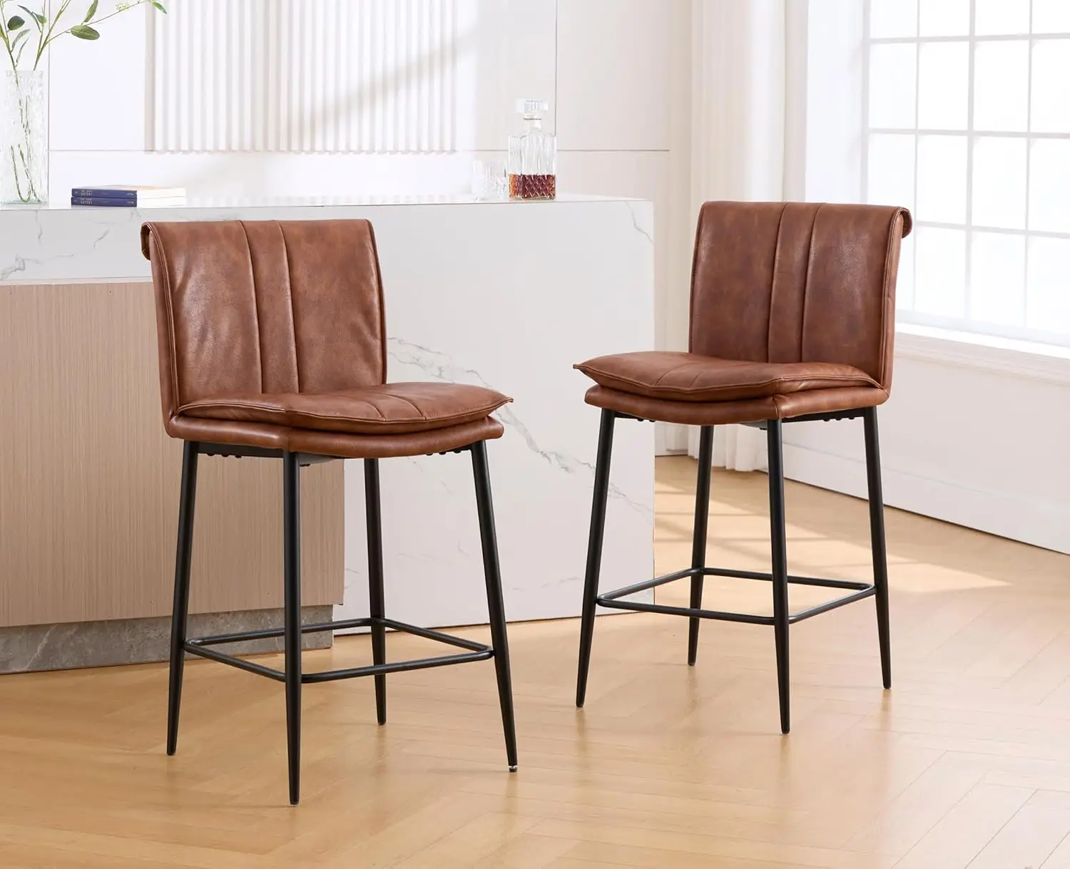 Leather Counter Height Bar Stools Set of 2 Modern 26 Inch Barstools with Back Upholstered Breakfast Counter Stools with, Custom