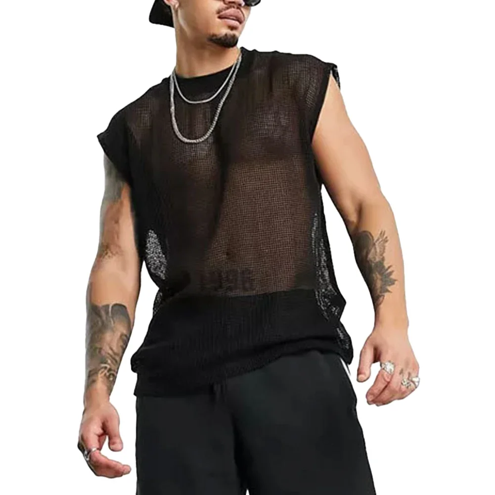 

Tank Top Vest T-Shirt Daily Regular See Through Sexy Sleeveless Solid Sports Crew Neck Loose Mens Mesh Male Fashion