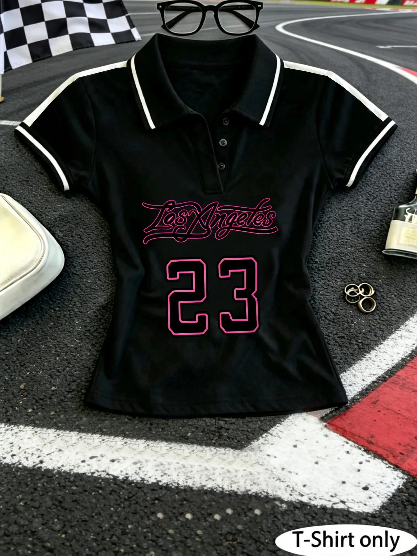 Women Y2K Cropped Polo Shirt, Los Angeles 23 Number Print Short Sleeve, Contrast Stripe Slim Top for Daily Street Sports Casual