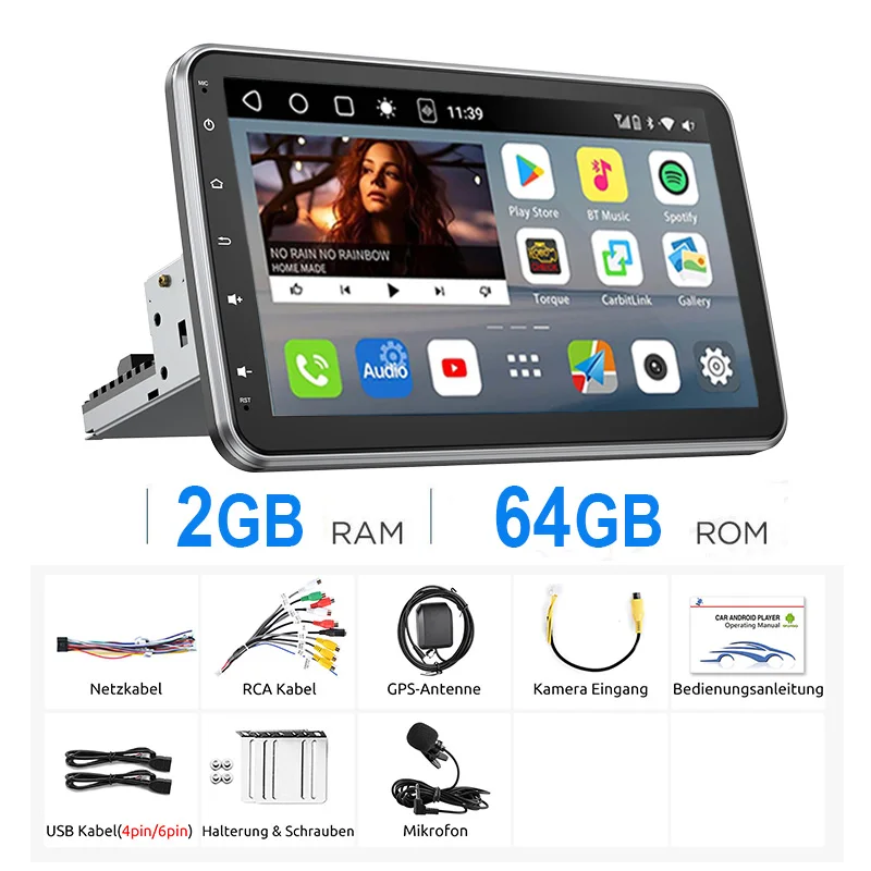 Universeel Autoradio ESSGOO Android14 10.1" 4+64 GB Draaibaar 360° Touchscreen 1 DIN Draadloze CarPlay Android Auto Bluetooth GPS Navigatie RDS WiFi Microfoon Equalizer FM Stuurwielbediening Mirror
