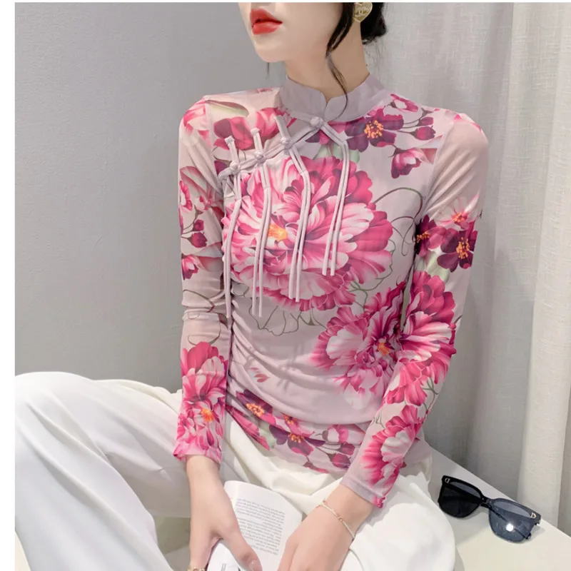 

#8602 Floral Printed Mesh T Shirt Women Thin Elastic Short Tshirt Femme Stand Collar Buttons Sexy Vintage Irregular T-shirt Thin