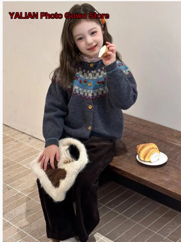 Girls Knit Cardigan Yumi Mom Autumn Fair Isle Knit Cardigan Atmosphere Little Girl Kids