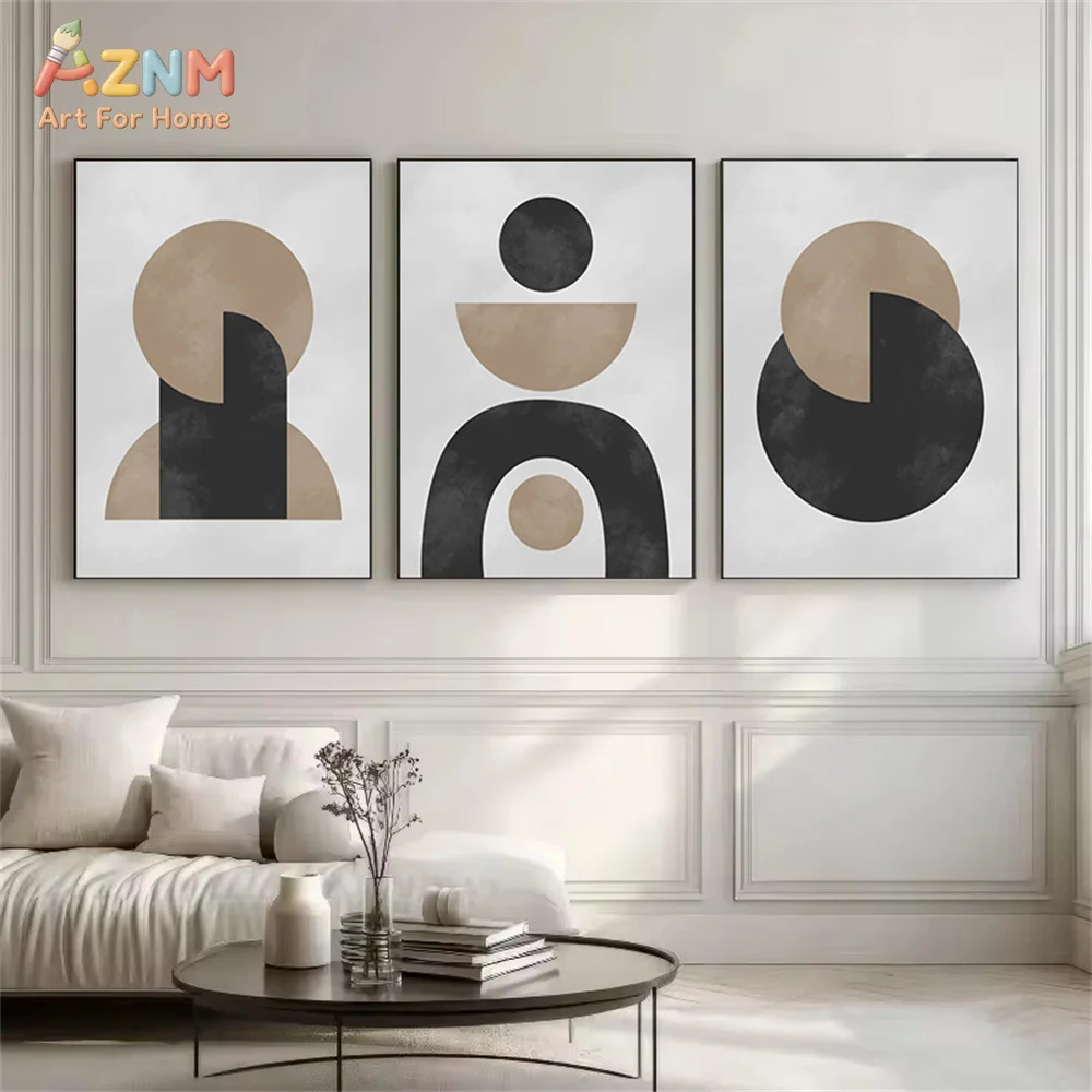 AZNM Boho Abstract Geometric Canvas Wall Art Neutral Beige Black Circle Arch Shape Minimalist Art Print Frameless Canvas Paintin