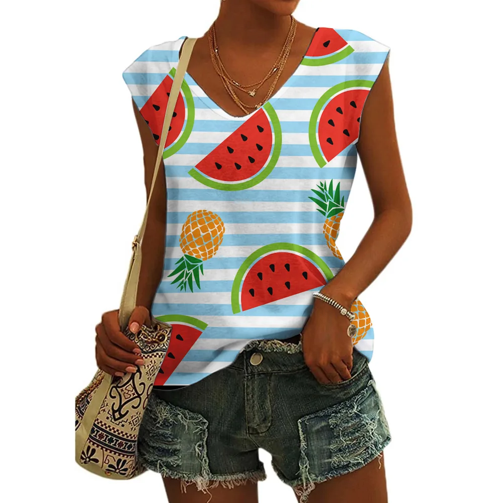 Cap Sleeve Tops Women Graphic V Neck Tank Tops Watermelon Print Casual T-Shirts 2024 New Style Summer Streetwear Clothes S-5XL