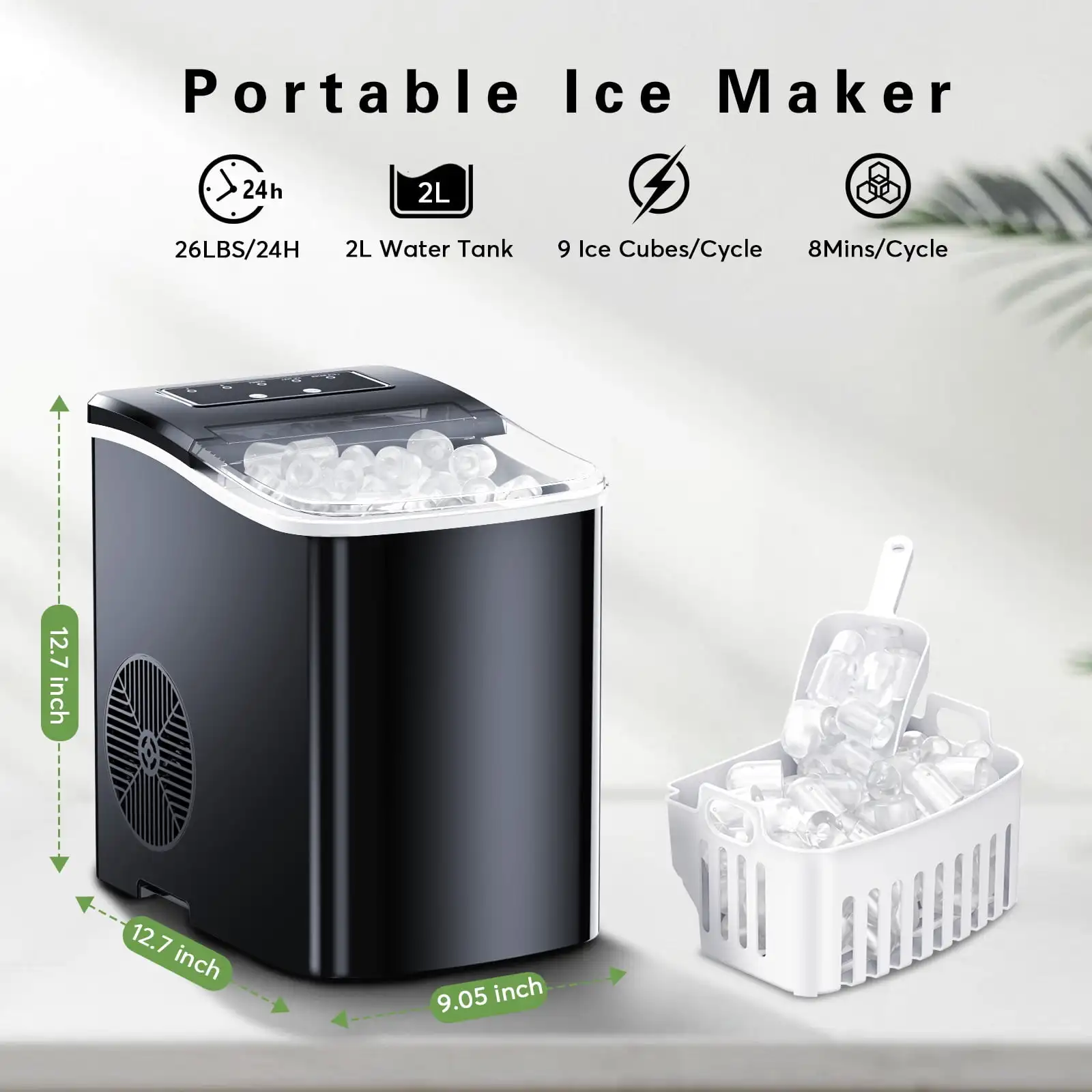 Portable Counter Top Self Cleaning Ice Maker Machine -  26lbs/24Hours with Ice Scoop, Basket, Black