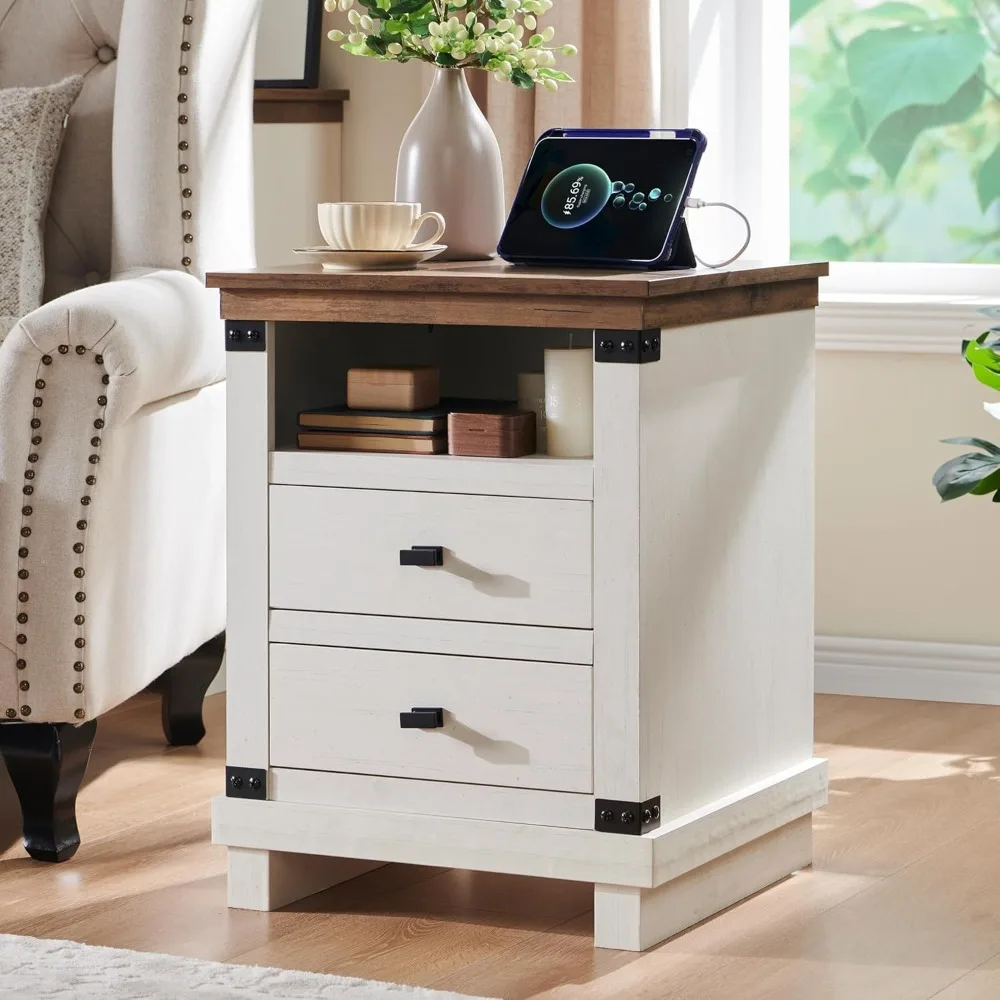 Rustic 18-inch Wood Nightstand with Charging Station and Storage Drawers for Bedroom