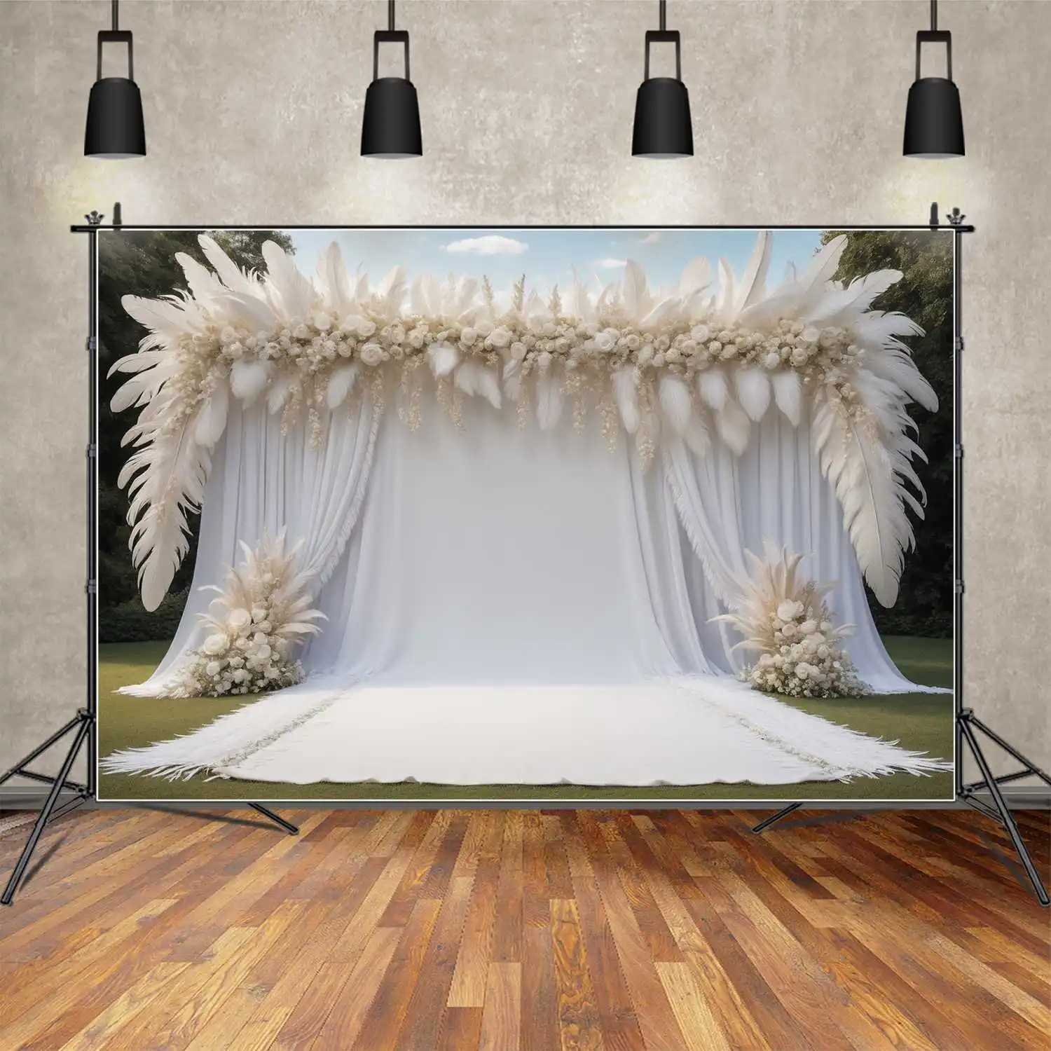 MOON.QG Lawn Wedding Ceremony Backgrounds For Photography Outdoor Feather Party Photo Backdrop Flower Curtain Photocall Props