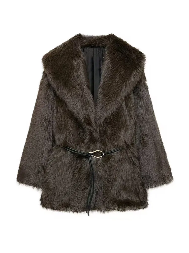 With Belt Fur Coat Fluffy Large Heart Shaped Waist Cinching Deep V Mid Length Overcoat Warm Plush Women Trend Outwear Winter Top