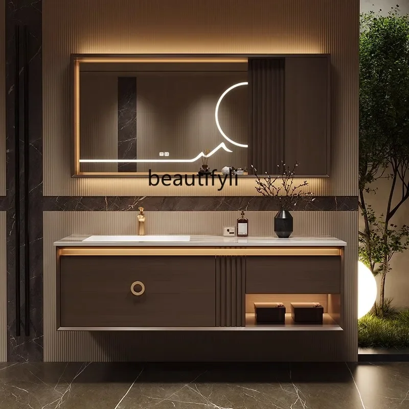 

25LD New Chinese rock slab seamless hot bending integrated basin toilet washbasin oak bathroom cabinet