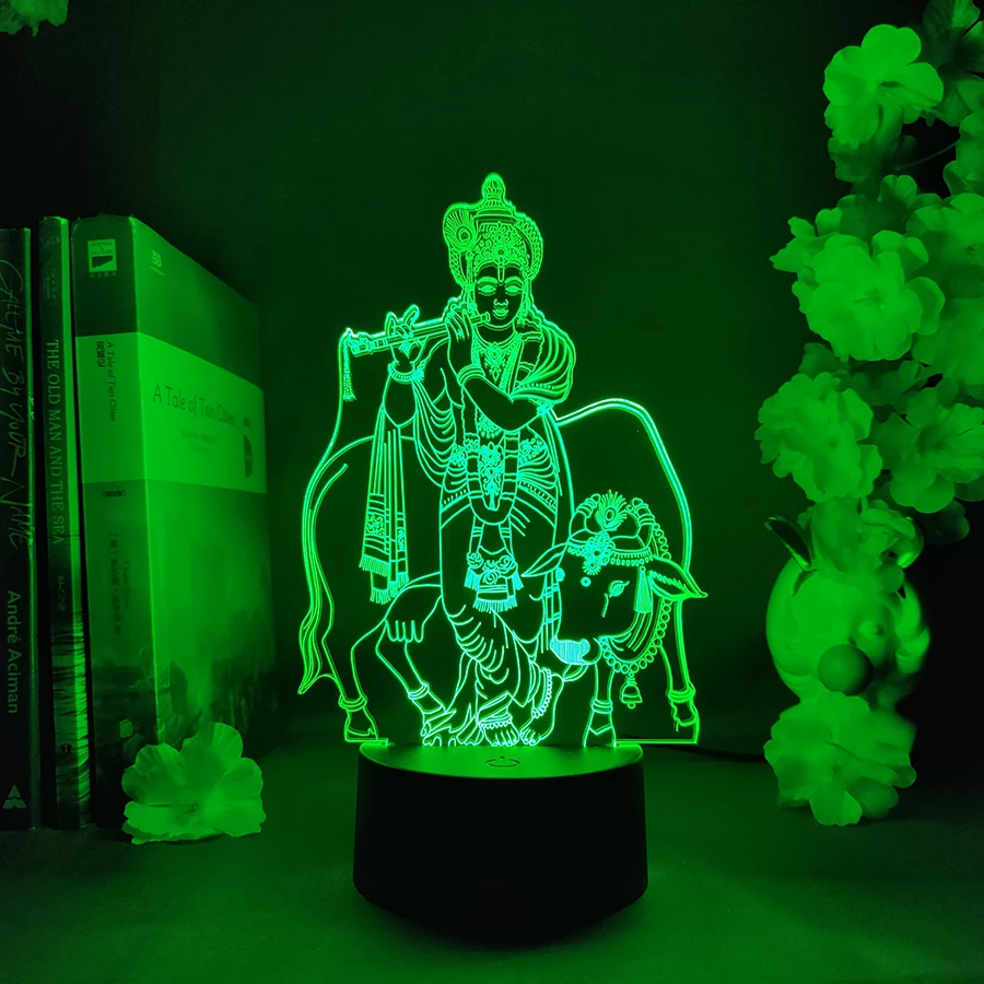 Lord Krishna With Cow LED Acrylic Lamp Colorful Table Decoration Religious Hindu Gods 3D Nightlight Bedroom Desktop Gadgets