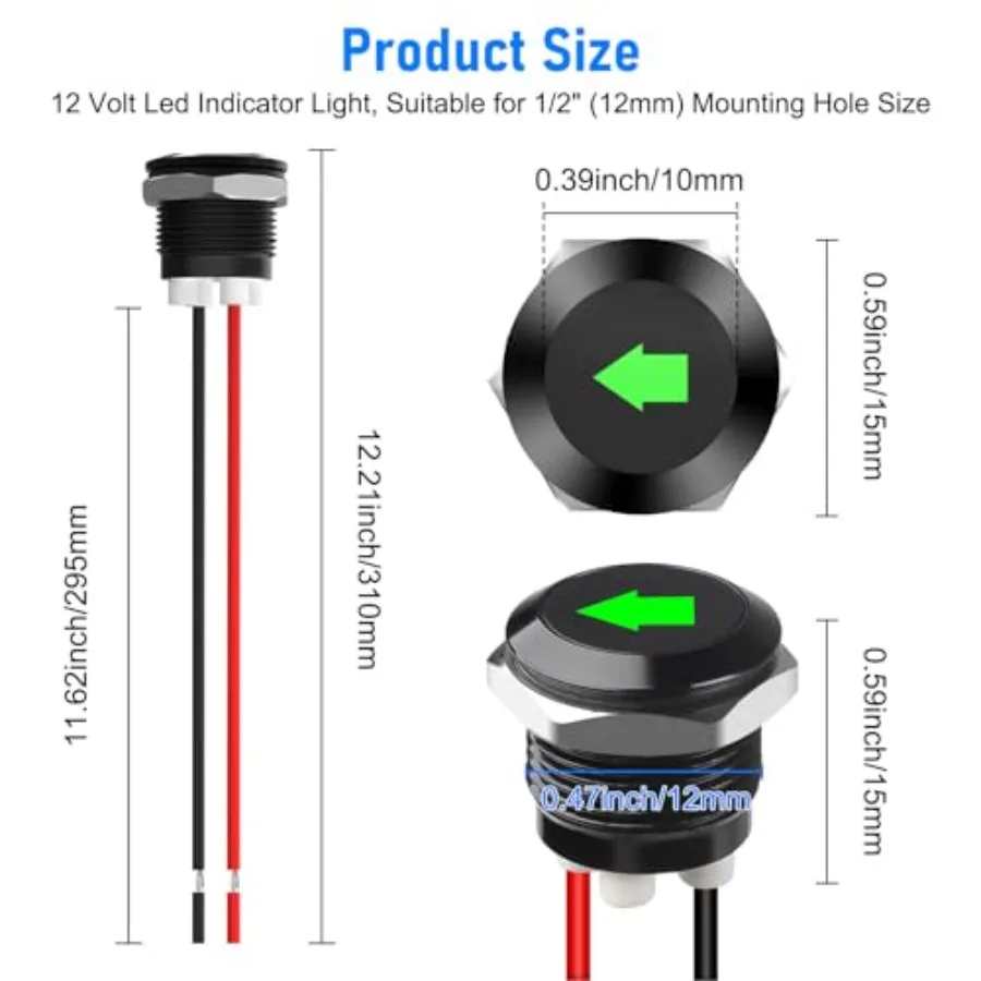 2PCS 12V LED Indicator Light, Waterproof 1/2