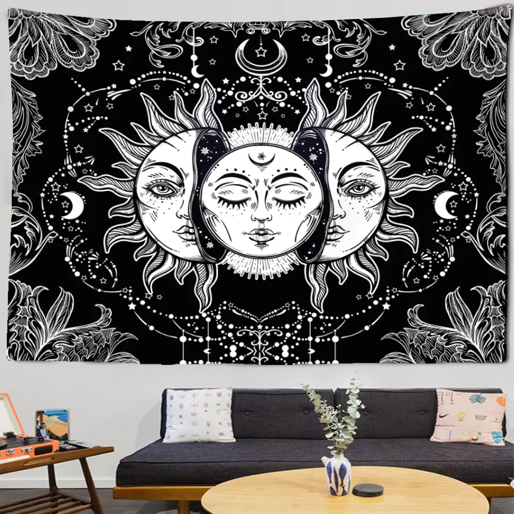 Mandala Tapestry biały czarny słońce i księżyc Tapestry Wall Hanging Tarot ściana hipisowska dywaniki dekoracja do sypialni koc