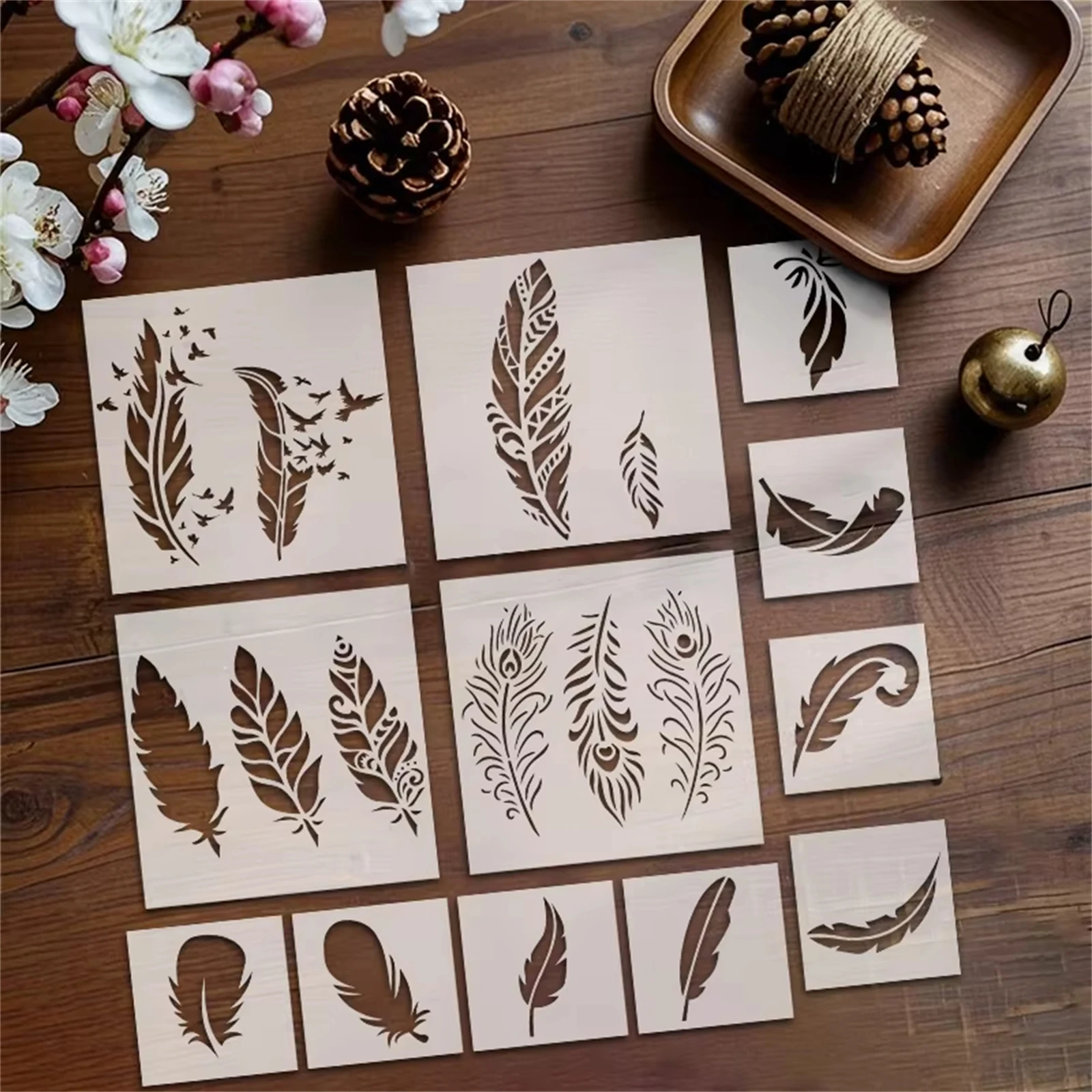12-Piece Feather Series Hollow Pet Templates, Reusable, Suitable for DIY Feather, Bird, Airbrush Graffiti and Other Decorative Templates