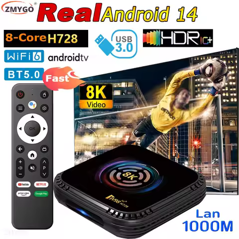 TV Box Android 14 1000M Real Android 14 H728 Octa Core 8K 4K Dual WiFi6 Bluetooth 5 Voice Remote with Cool Fan Fast Set Top Box