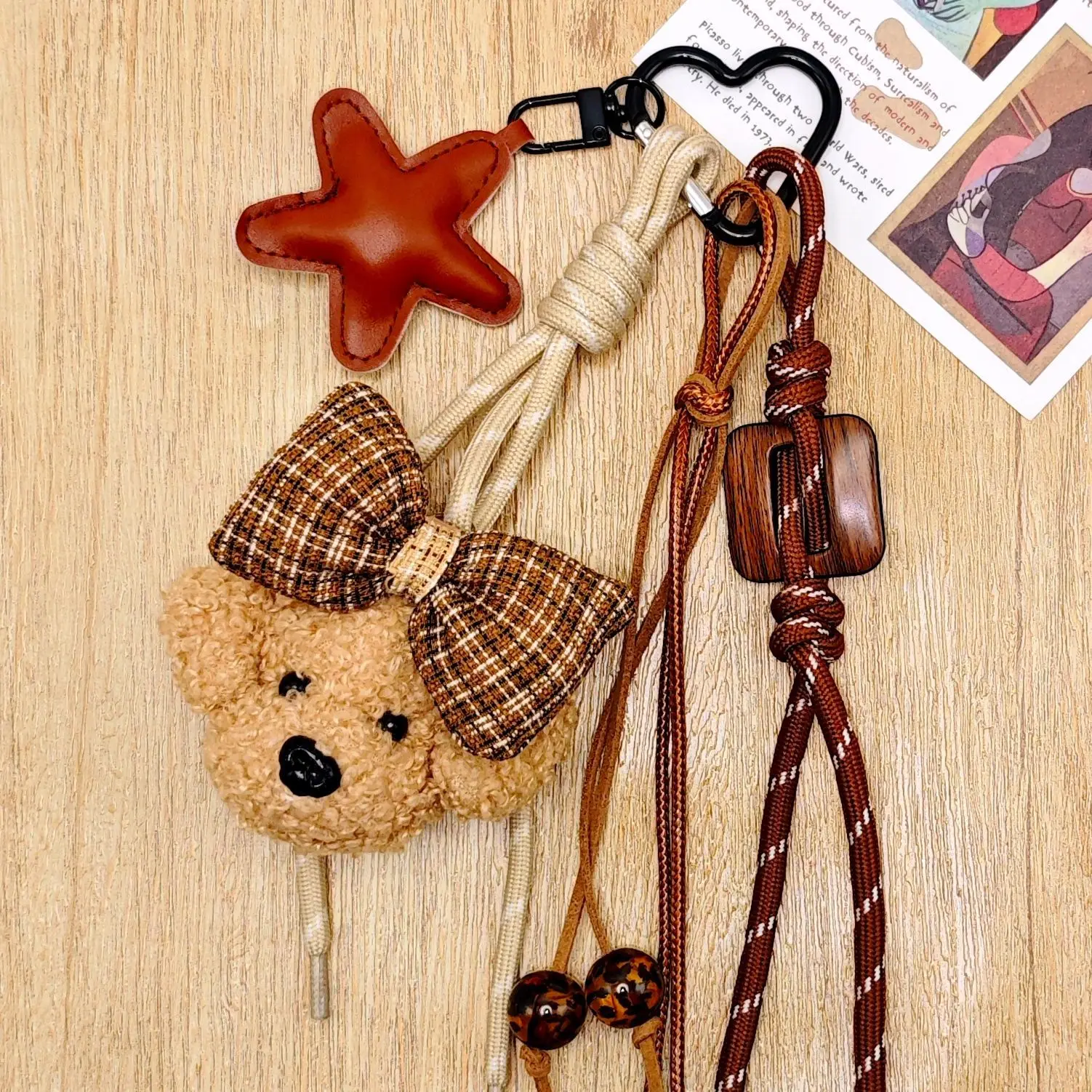 Plush Puppy Bow Keychain Star Beads Woven Rope Cute Kwaii Bag Pendant Accessories Fashion Versatile Phone Chain For Girls Gift