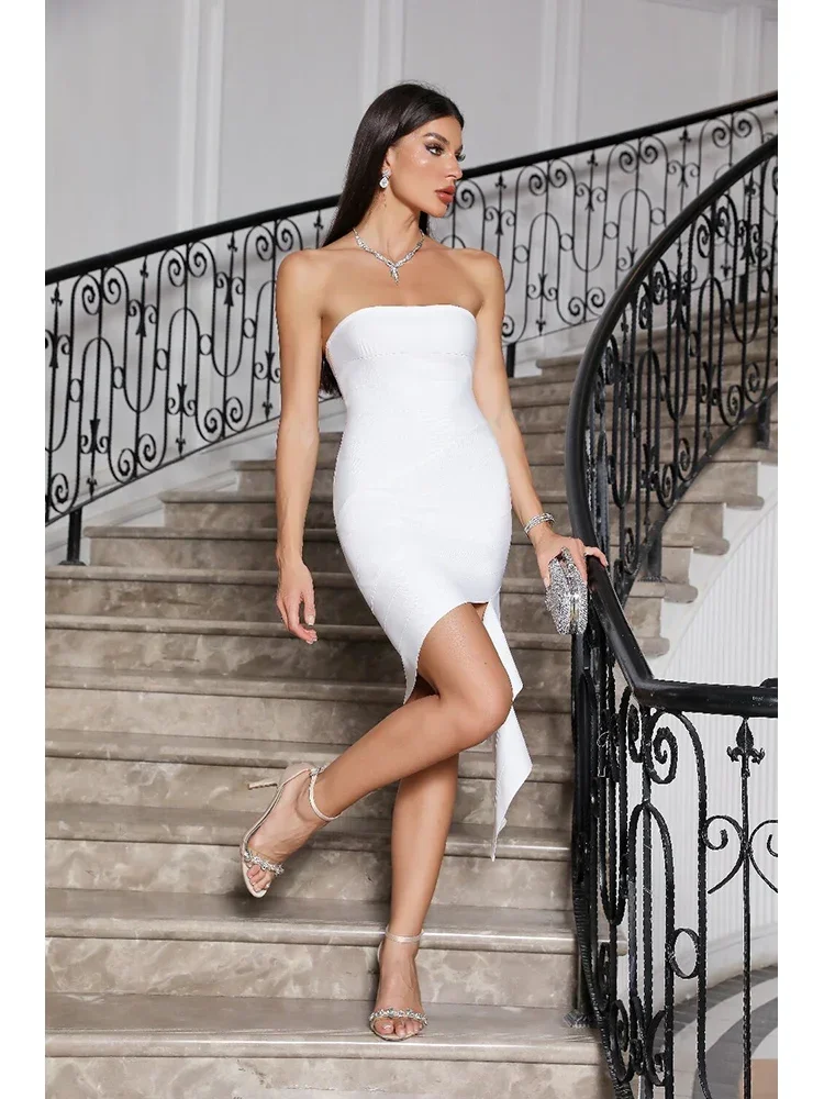 

JONN Sexy Off the Shoulder Draped Bandage Dress Women White Strapless Backless Asymmetric Bodycon Dress Celebrity Party Dresses