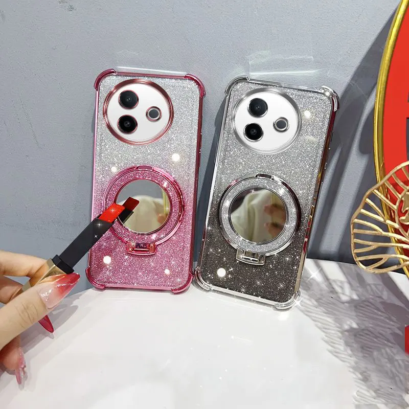 Glitzernde, stoßfeste Handyhülle mit vier Ecken, Spiegelständer und Perlenband für Vivo Y39 39 5G Rückseitenhülle.