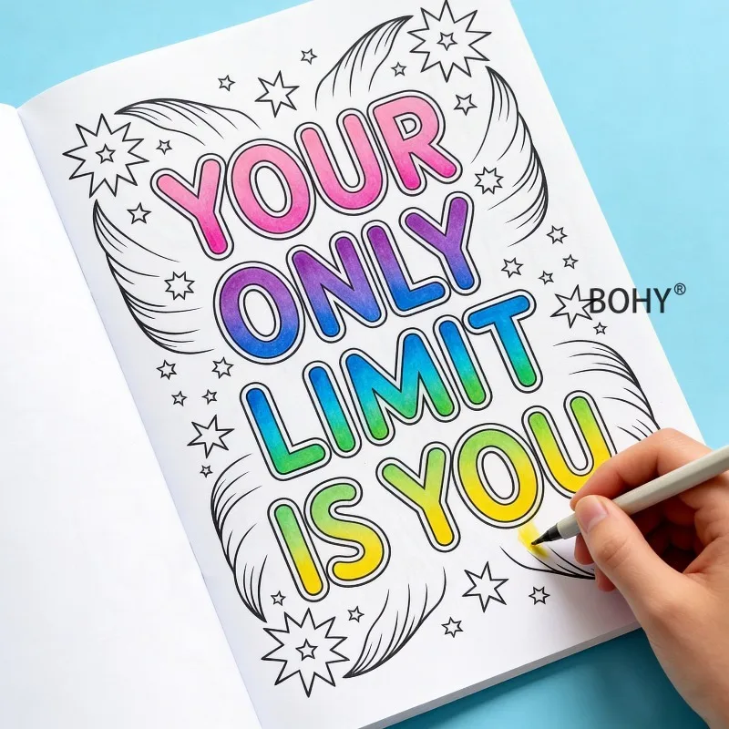 1 Inspirational English Slogan Stress Relieving Coloring Picture Book, 28 Pages, Color Lead Hand Drawn Color Matching Practice