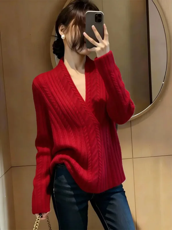 

Мягкий вязаный свитер с V-образным вырезом для женщин: модный, новый, уникальный, красивый, стройнящий, удобный, эластичный