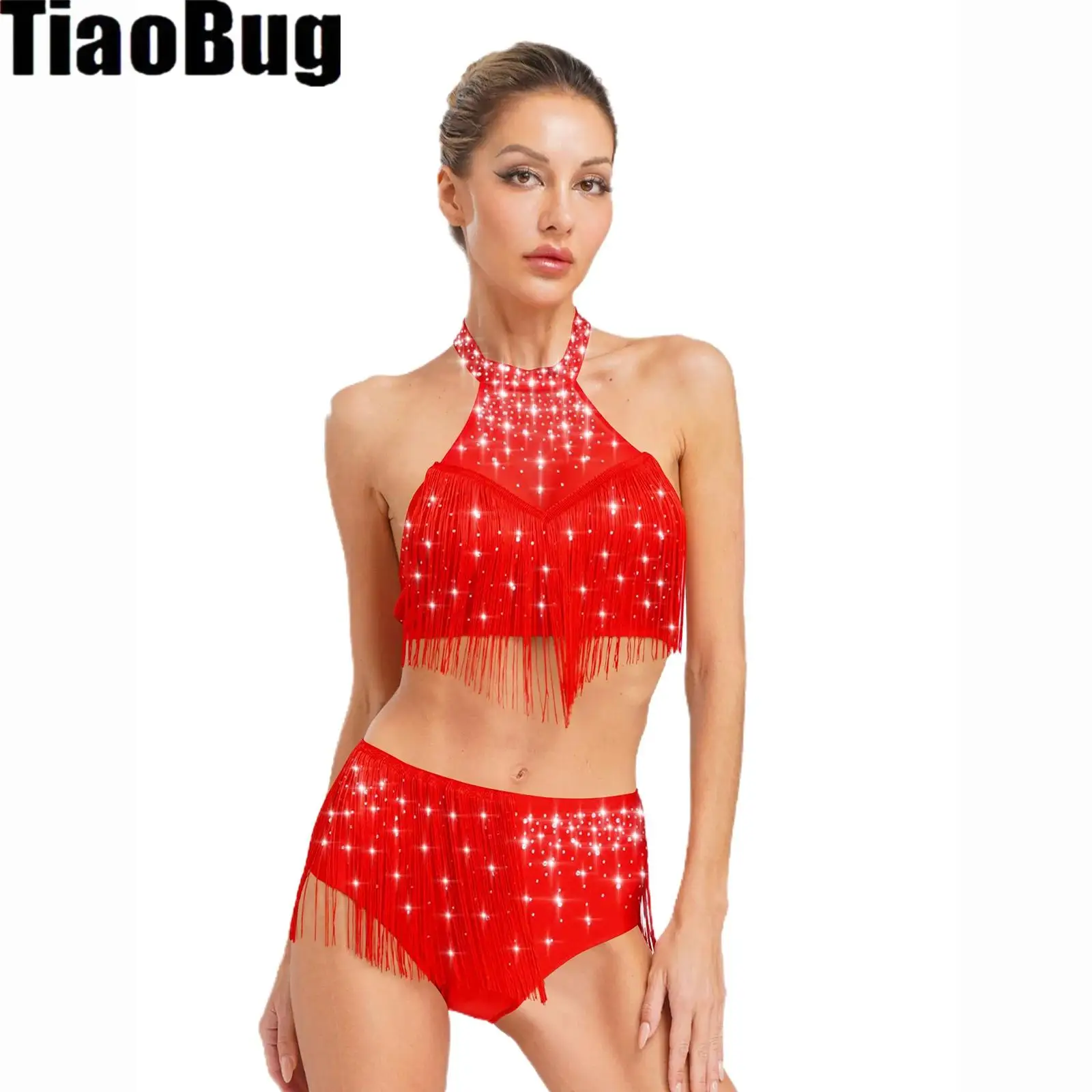 

Womens Belly Dancing Sets Halter Sheer Mesh Crop Tops And Tassel Underwear Shorts for Salsa Samba Dancing Party