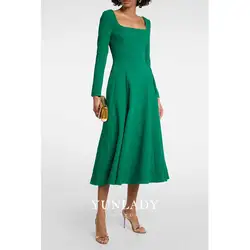 YUNLAN Gorgeous Green Square Neck Long Sleeve Evening Gown 2024 Saudi Arabia Ladies Wedding Guest Formal Midi Dress