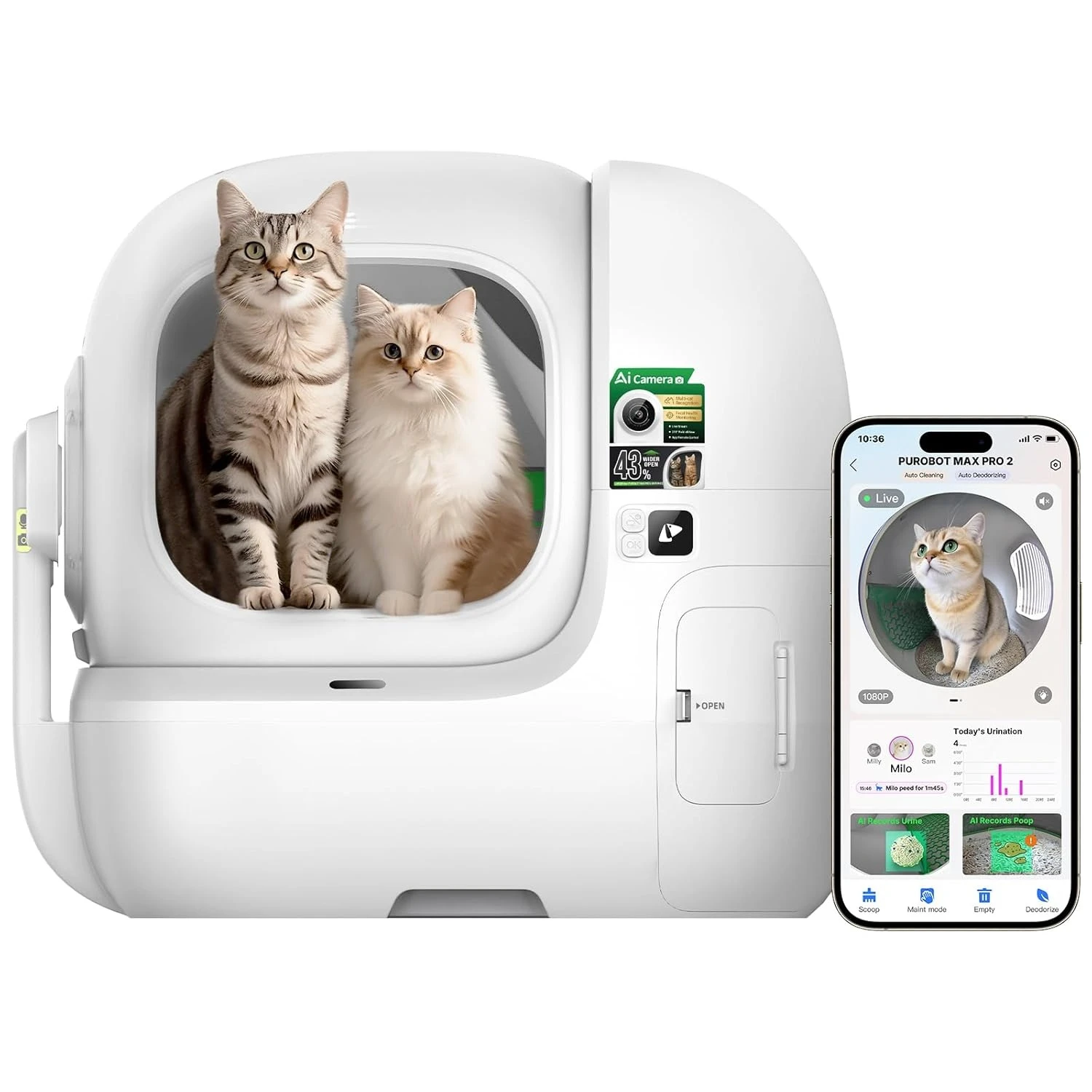 

2025 Purobot Max Pro 2 AI-Camera Self Cleaning Cat Litter Box, Extra Large Opening 210° Wide Angle Lens Cat Facial, Customized