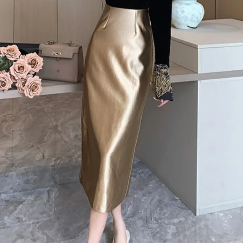 

Luxury Vintage Elegant Women Slim Satin Skirt Back Slit All-match OL A-Line Skirts Chic Party Female French New Clothes Trend